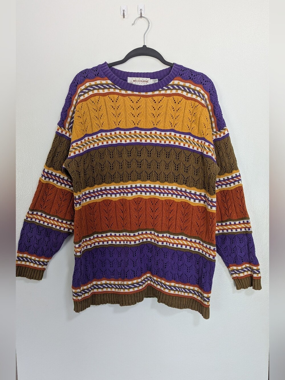 Vintage 90s Melbourne Tour Size Small 100% Cotton Colorful Striped Knit Sweater